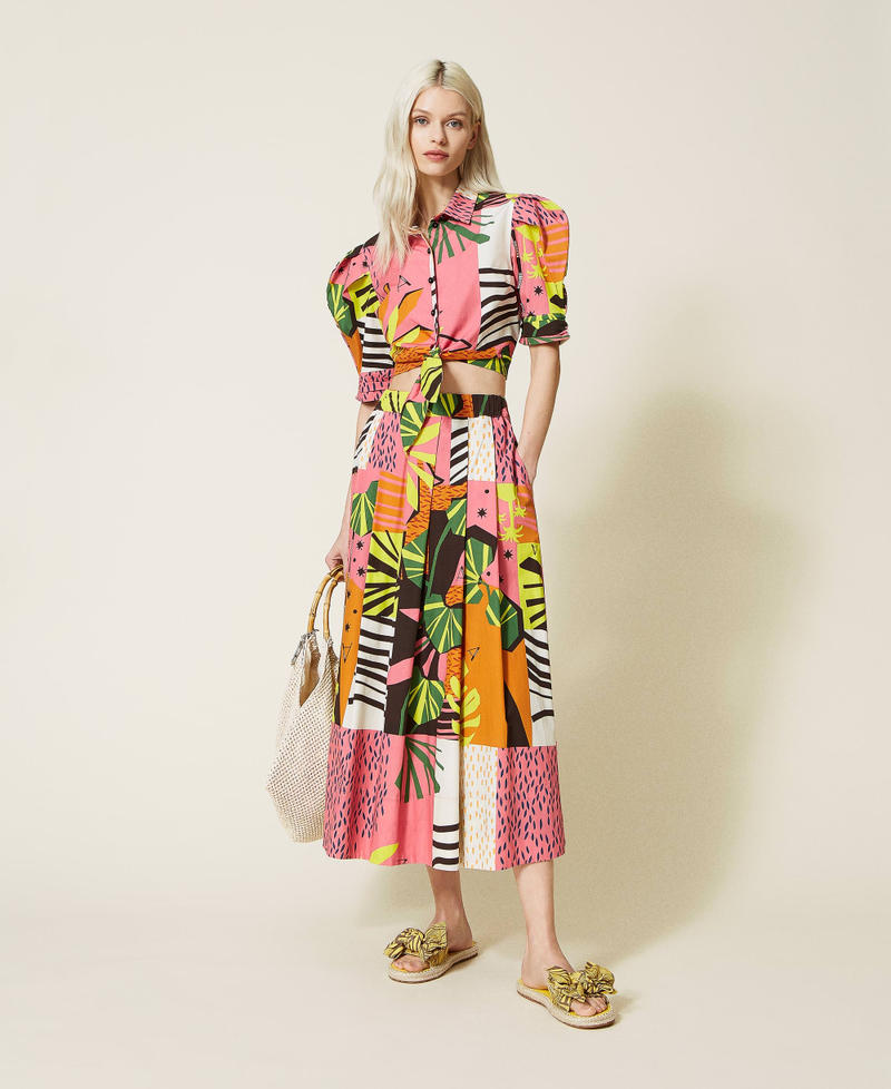 Printed poplin long skirt