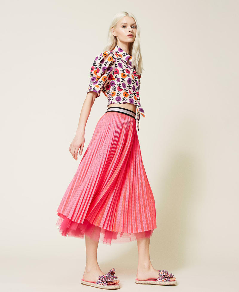 Mesh midi skirt with tulle Fluorescent Pink Woman 221AT2632-03
