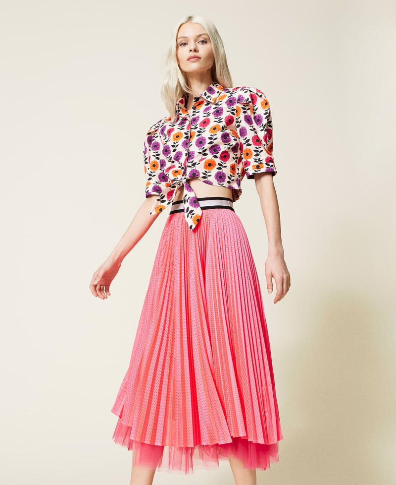 Mesh midi skirt with tulle Fluorescent Pink Woman 221AT2632-04