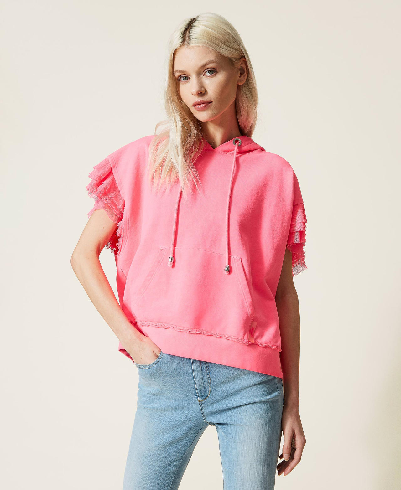 Felpa boxy con balze in tulle
