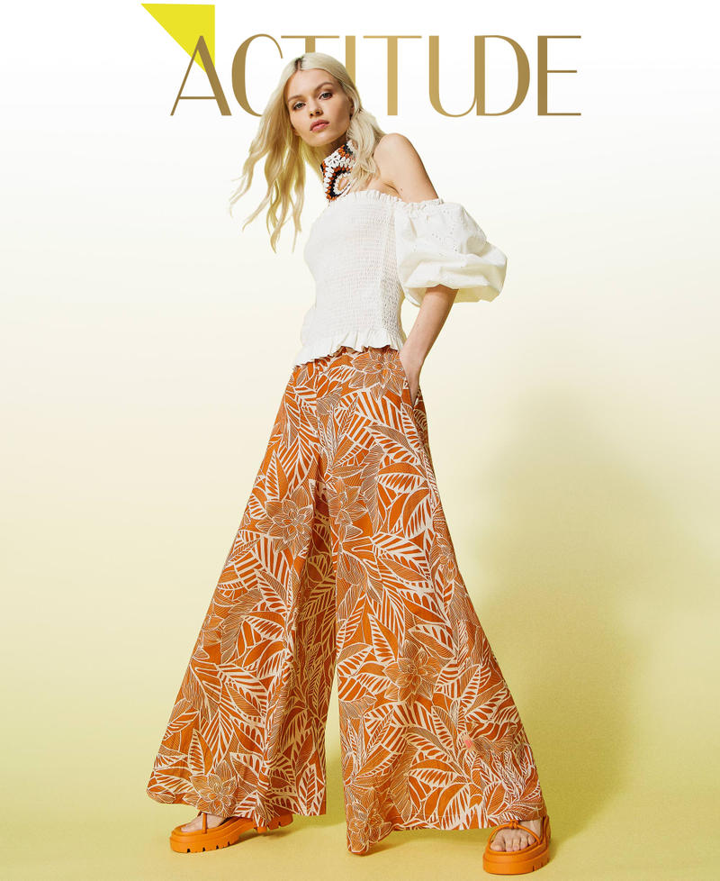 Pantaloni a palazzo in mussola stampata Stampa "Summer" / Arancio "Spicy Curry" Donna 221AT2650-01