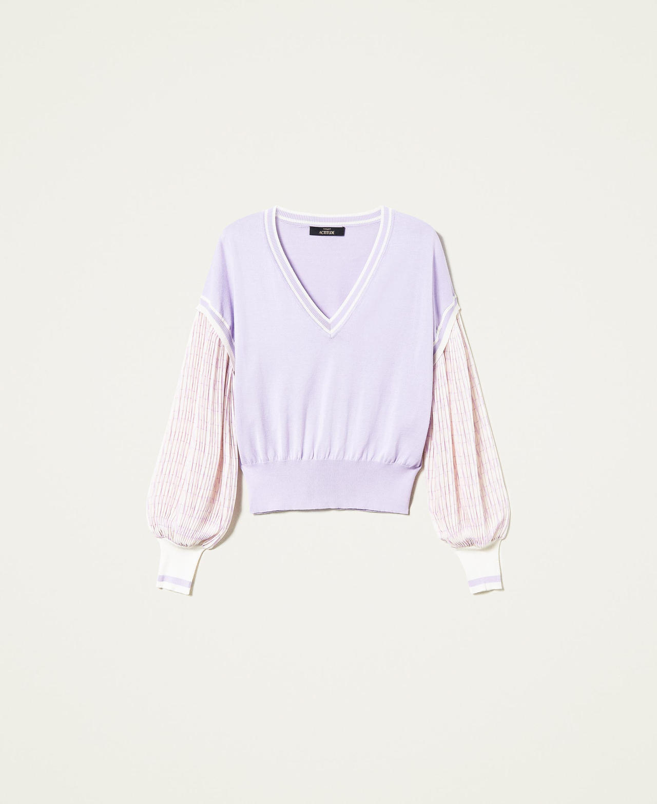 Pullover mit bedruckten Plisseeärmeln Zweifarbig „Pastel Lilac“-Violett / Chantilly Frau 221AT3121-0S