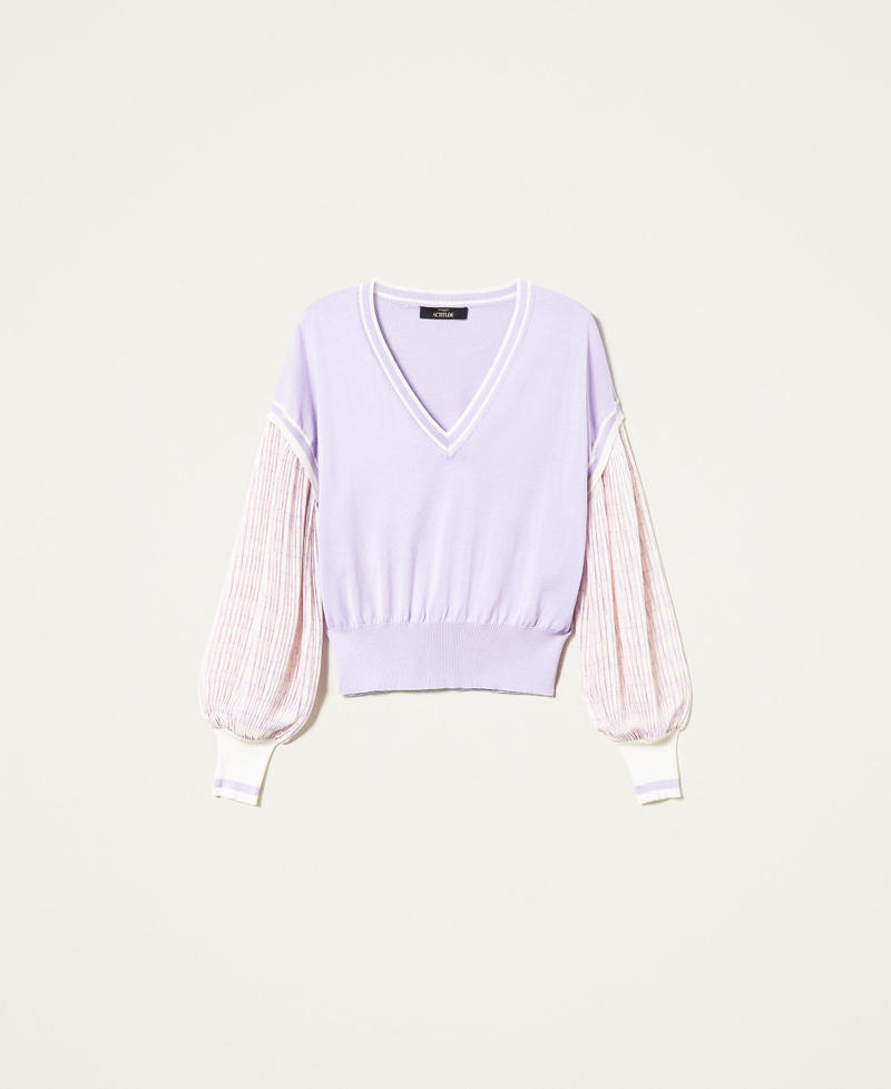 Pullover mit bedruckten Plisseeärmeln Zweifarbig „Pastel Lilac“-Violett / Chantilly Frau 221AT3121-0S