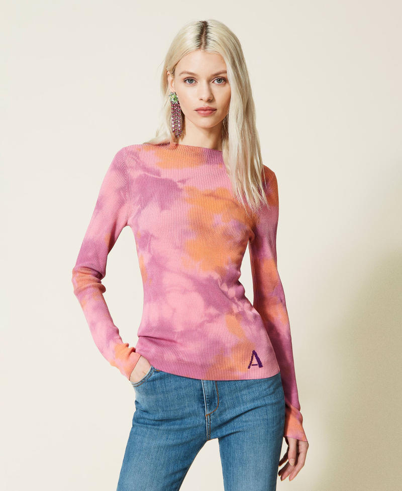 Fitted jumper with handmade tie-dye "Hot Pink” Multicolour Woman 221AT3183-02