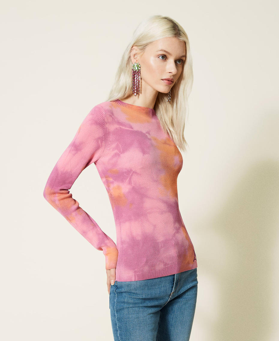 Fitted jumper with handmade tie-dye "Hot Pink” Multicolour Woman 221AT3183-03