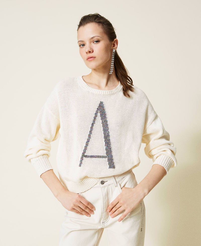 Recycled cotton jumper with sequins Pale Cream Woman 221AT3190-02