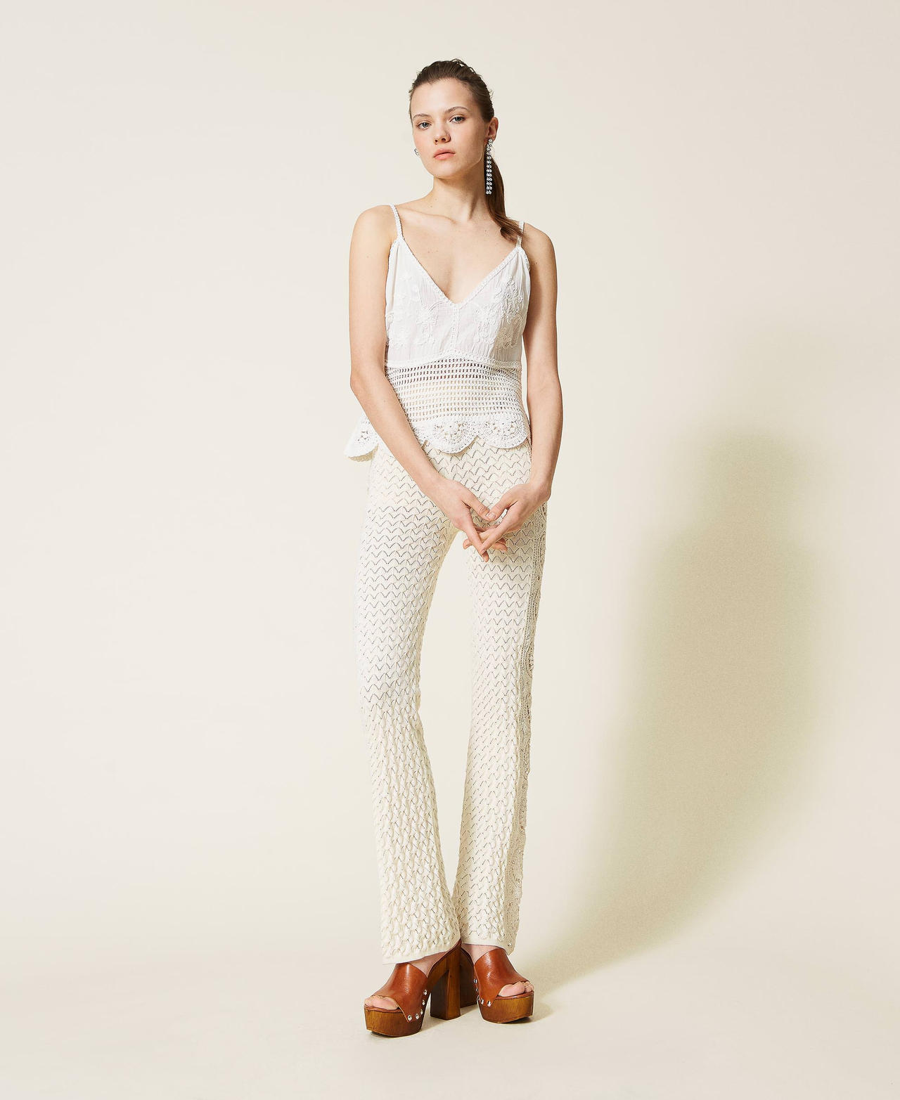 Knit trousers with crochet bands Pale Cream Woman 221AT3240-03