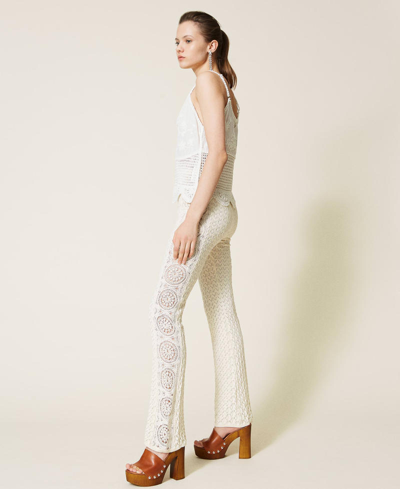 Knit trousers with crochet bands Pale Cream Woman 221AT3240-04