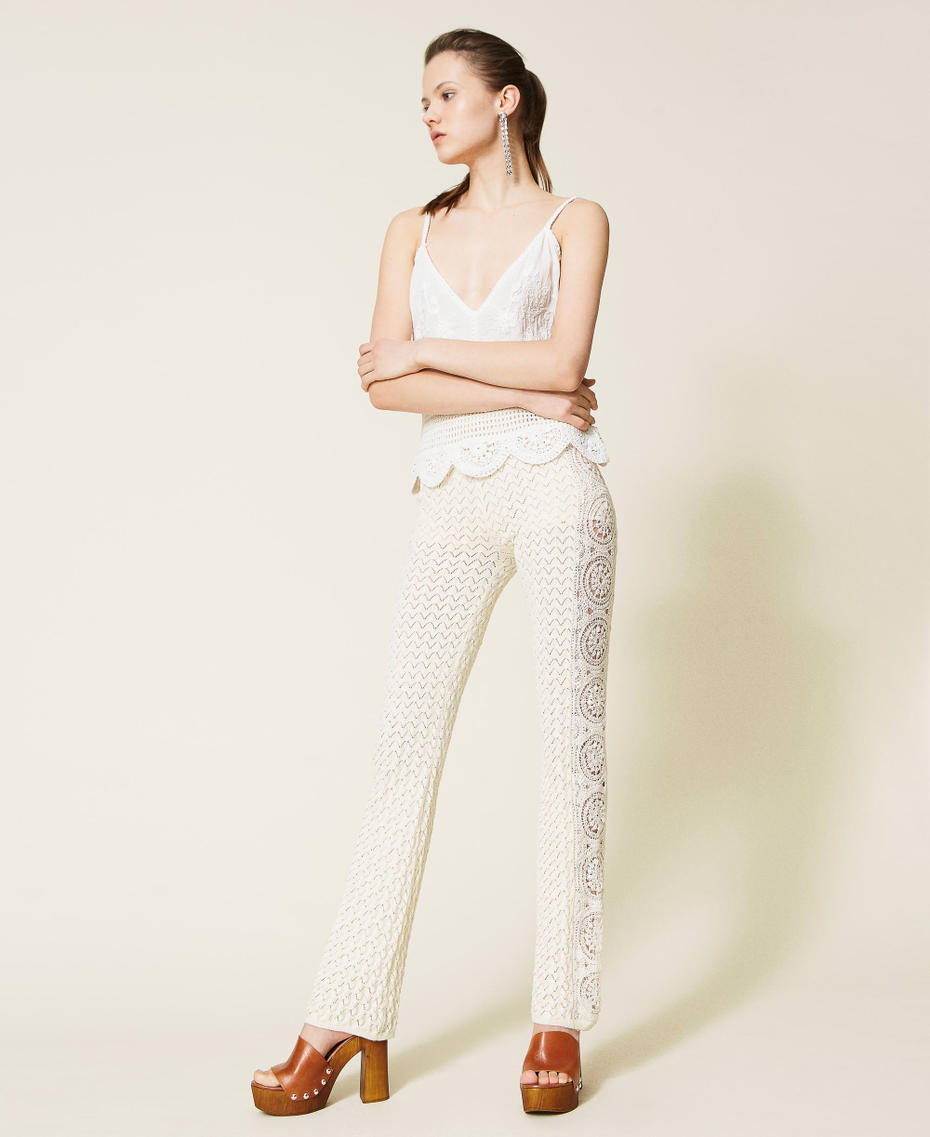 Knit trousers with crochet bands Pale Cream Woman 221AT3240-05