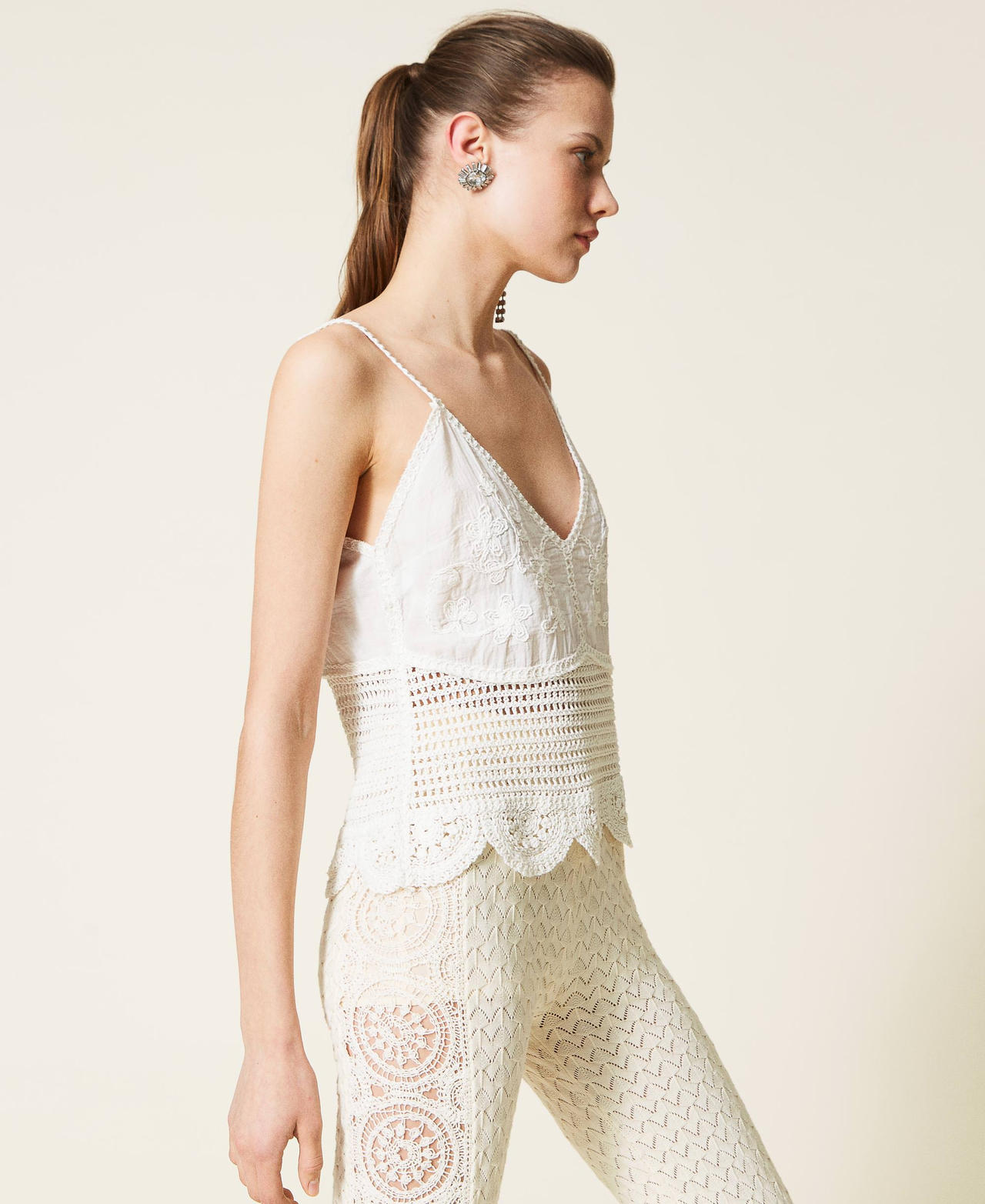 Crochet top with embroideries Pale Cream Woman 221AT3241-03