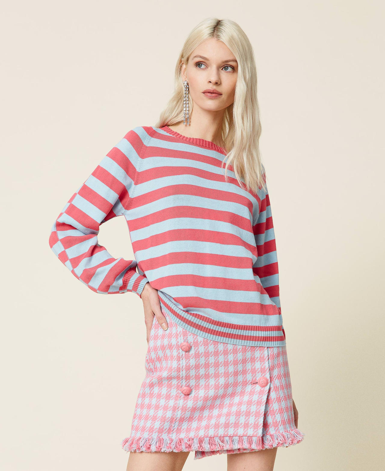 Maglia a righe in cotone biologico Bicolor Rosa "Hot Pink" / Azzurro "Angel" Donna 221AT3250_07027_02