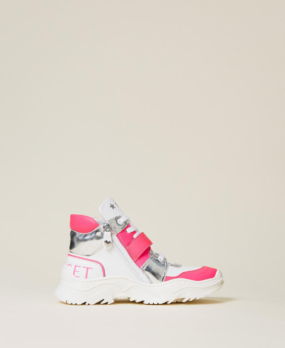 Sneakers aus Leder mit Logo Multicolor Shocking-Pink / Optisches Weiß / Silber Mädchen 221GCJ010-01
