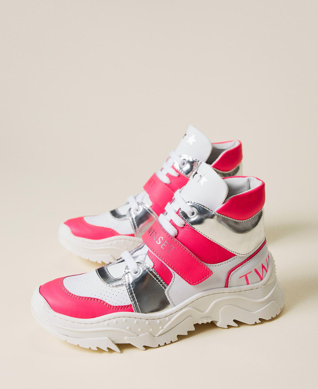 Sneakers in pelle con logo Multicolor Rosa Shocking / Bianco Ottico / Argento Bambina 221GCJ010-02