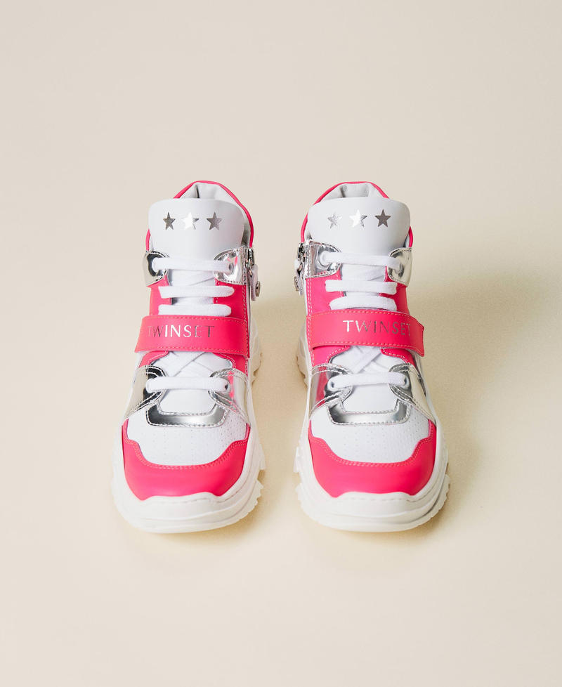 Sneakers aus Leder mit Logo Multicolor Shocking-Pink / Optisches Weiß / Silber Mädchen 221GCJ010-05