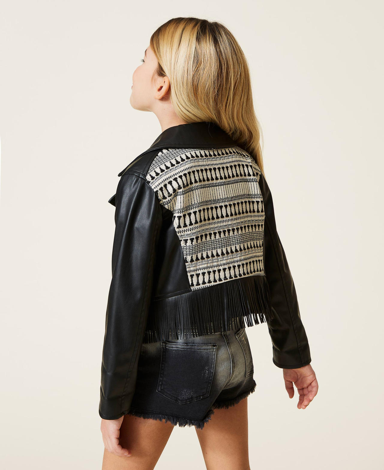 Blouson perfecto avec franges et insertion jacquard