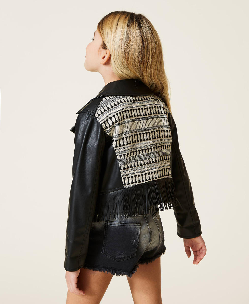 Biker jacket with fringes and jacquard insert