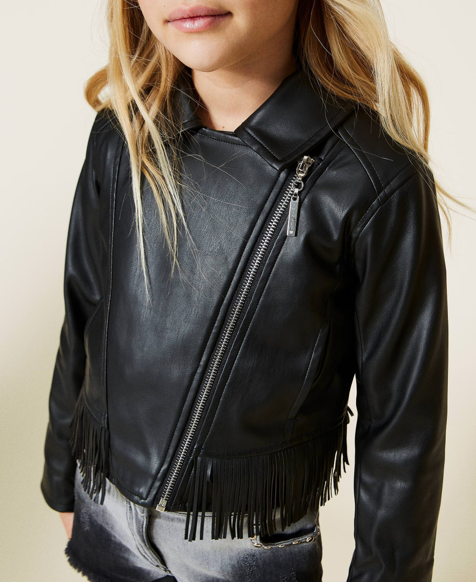 Biker jacket with fringes and jacquard insert Black Girl 221GJ2011-05