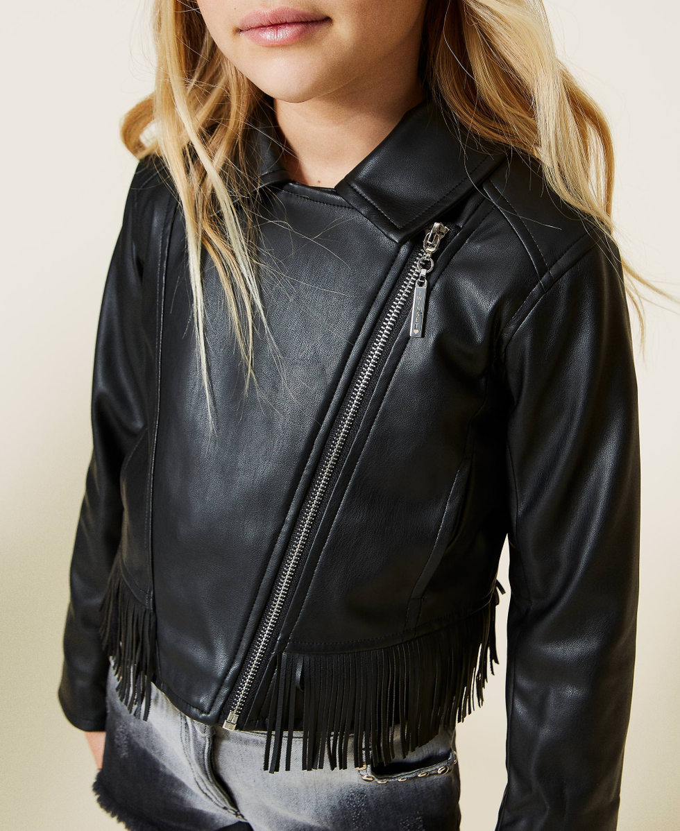 Blouson perfecto avec franges et insertion jacquard Fille Noir TWINSET Milano