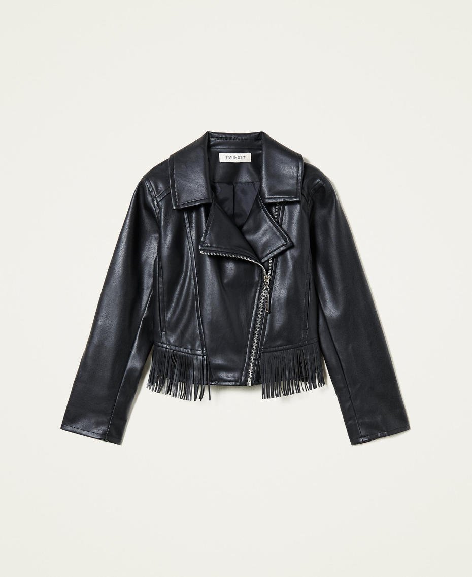 Biker jacket with fringes and jacquard insert Black Girl 221GJ2011-0S