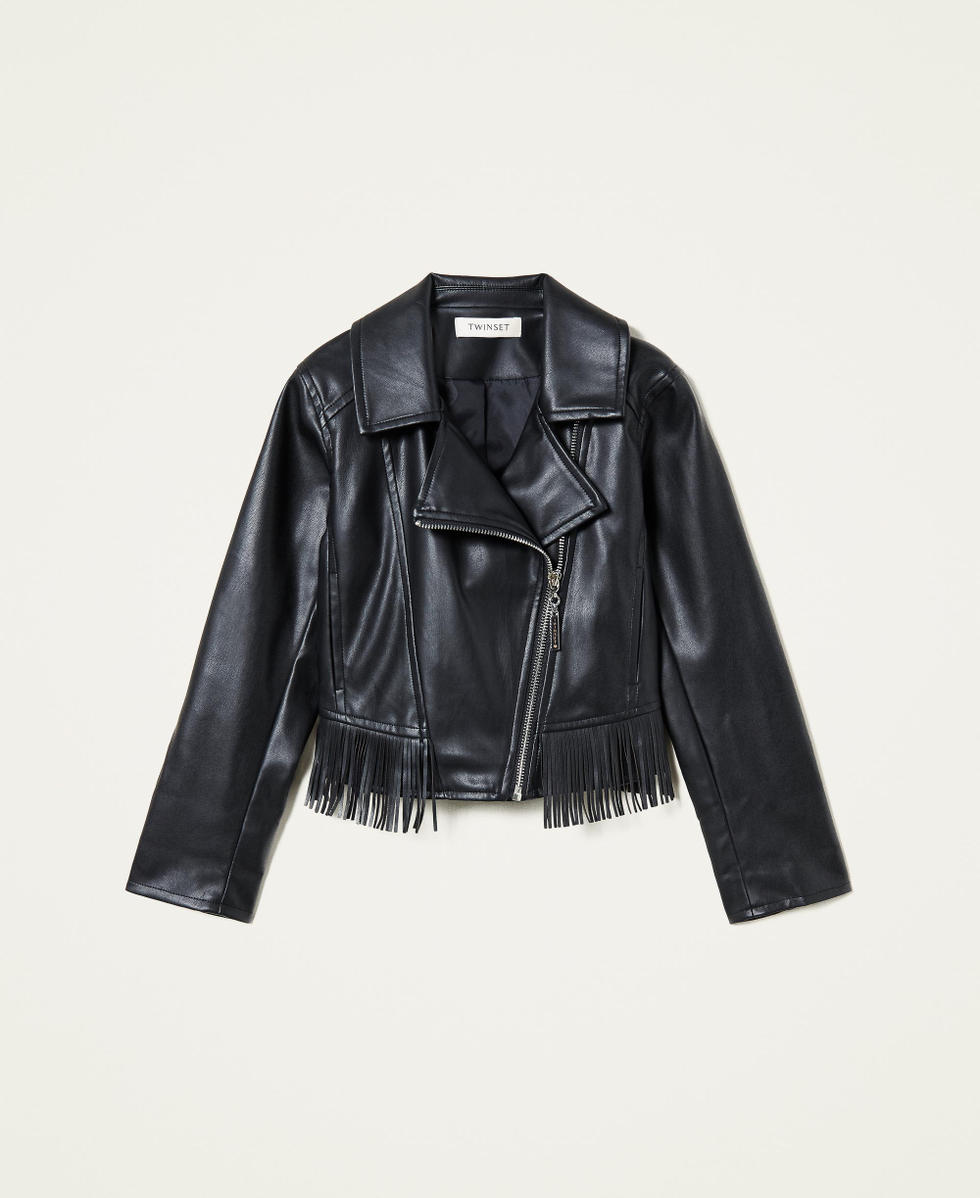 Biker jacket with fringes and jacquard insert
