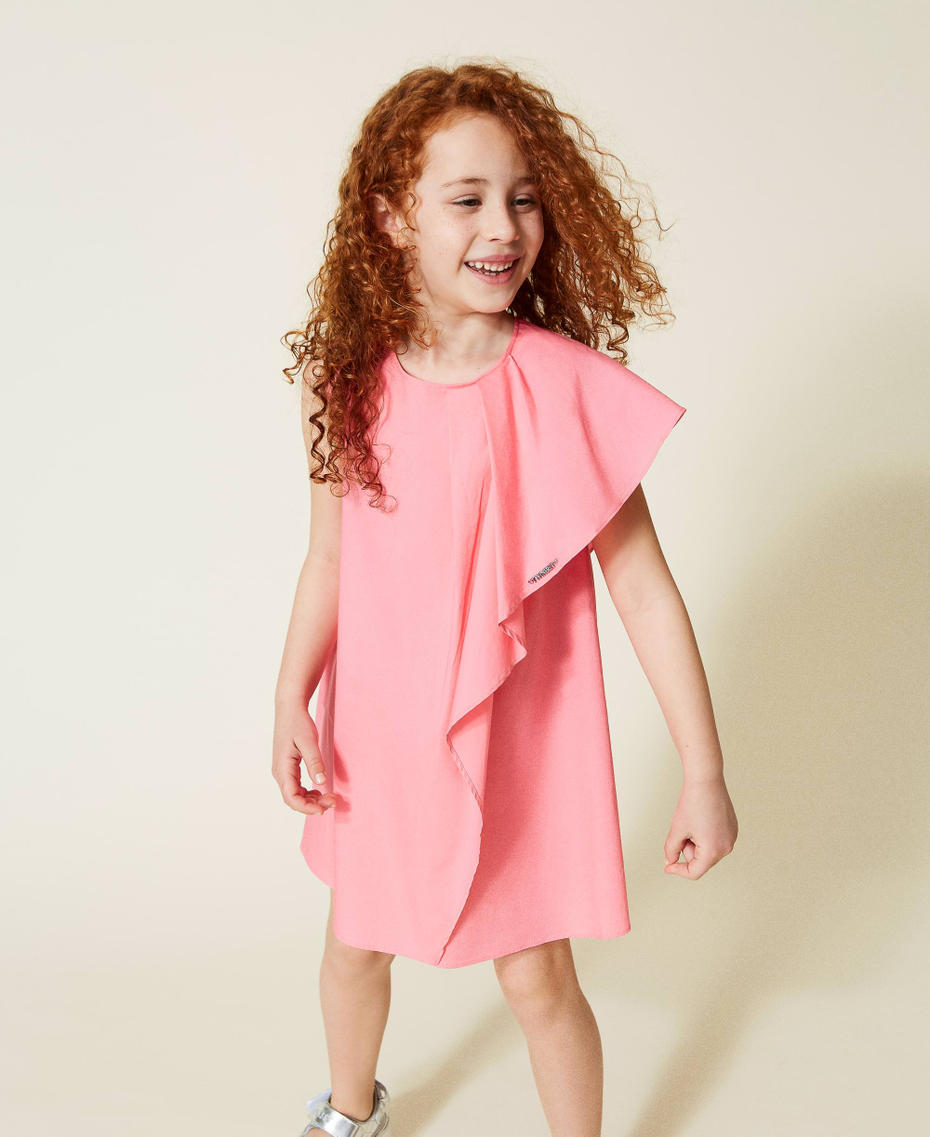 Poplin dress with asymmetric ruffles Shocking Pink Girl 221GJ2027-01