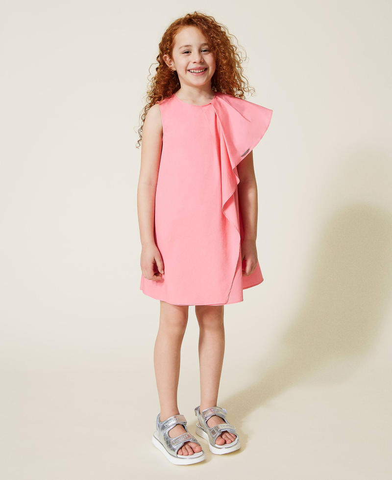 Poplin dress with asymmetric ruffles Shocking Pink Girl 221GJ2027-02