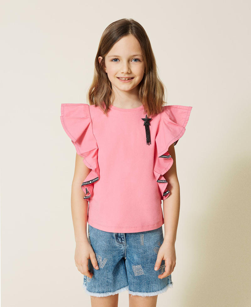 Poplin sleeve blouse with brooch Shocking Pink Girl 221GJ202D-01