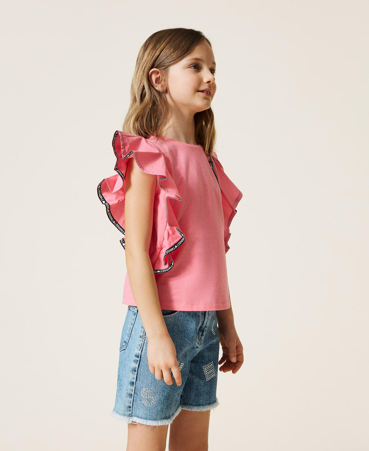 Bluse mit Ärmeln aus Popeline und Brosche Shocking-Pink Mädchen 221GJ202D-02