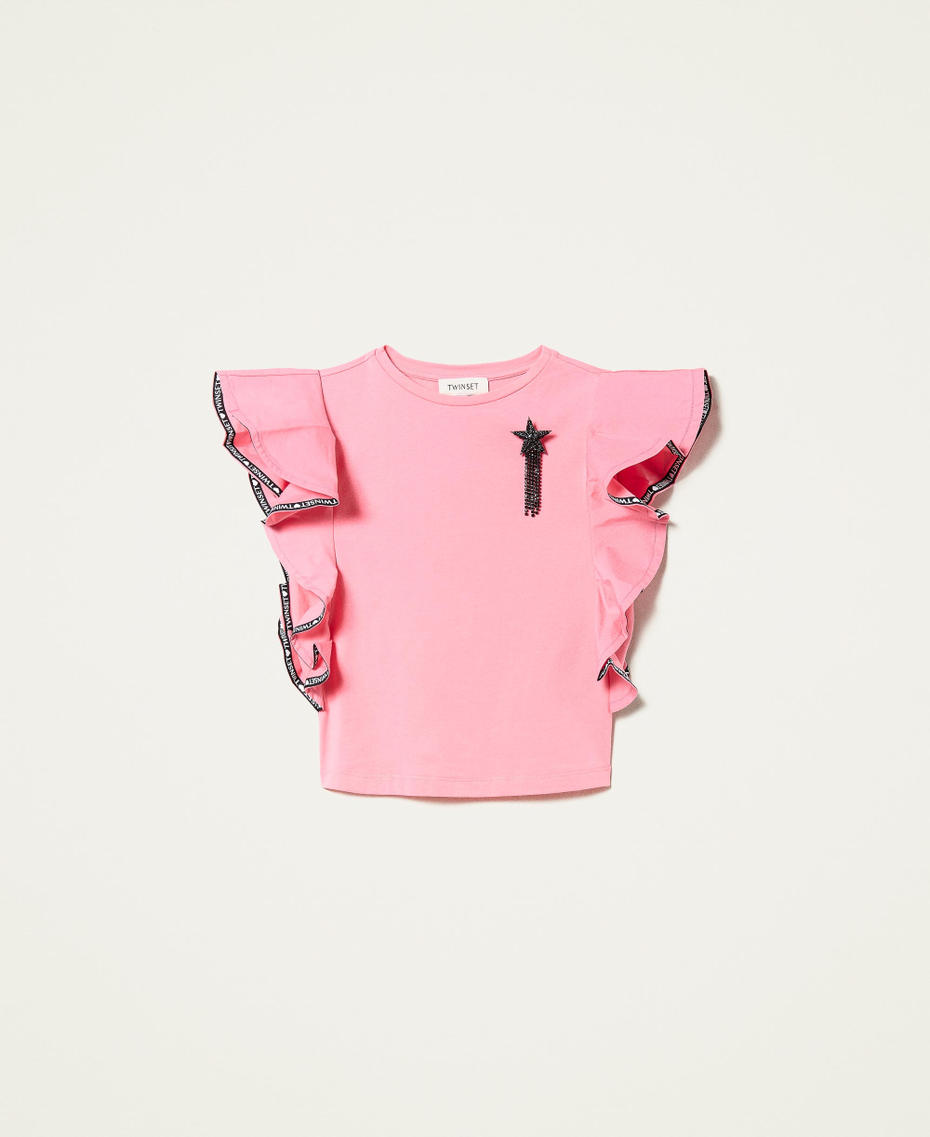 Bluse mit Ärmeln aus Popeline und Brosche Shocking-Pink Mädchen 221GJ202D-0S