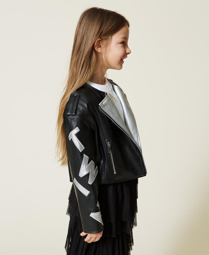 Biker jacket with logo Black / Silver Girl 221GJ2031-02