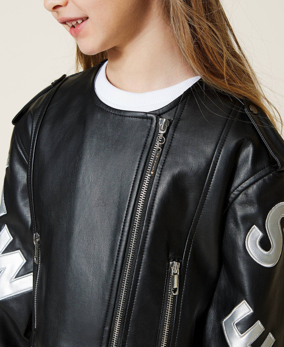 Biker jacket with logo Black / Silver Girl 221GJ2031-05