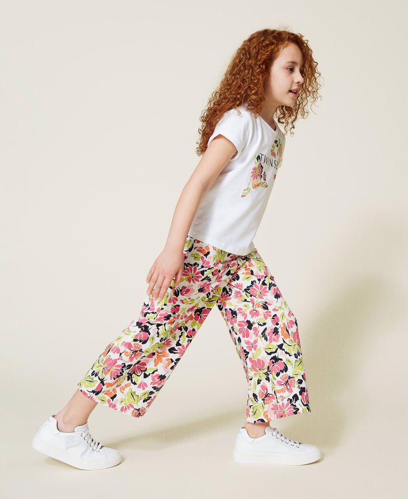 Girls' Floral Top and Pant Set – Cream T-Shirt with 3D Flower & Red Printed Bottoms