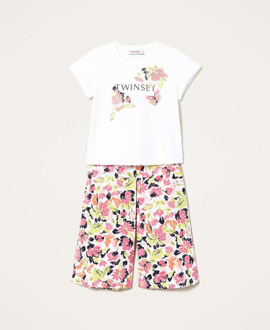 Logo t-shirt and cropped floral trousers Tropical Flower Print Girl 221GJ2096-0S