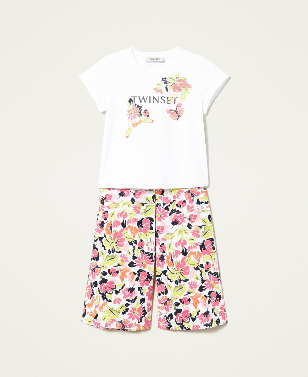 Logo t shirt and cropped floral trousers Girl Pink TWINSET Milano