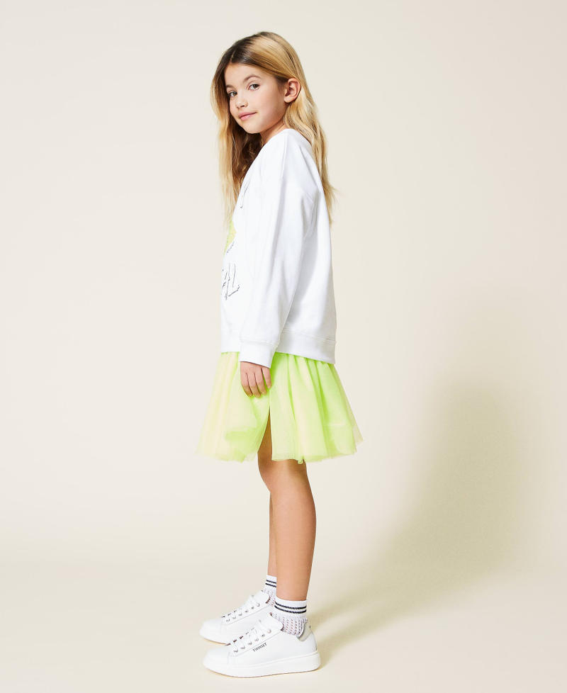 Sweatkleid mit Strass und Unterkleid mit Tüll Zweifarbig Off White / „Lemongrass“- Gelb Mädchen 221GJ2110-02