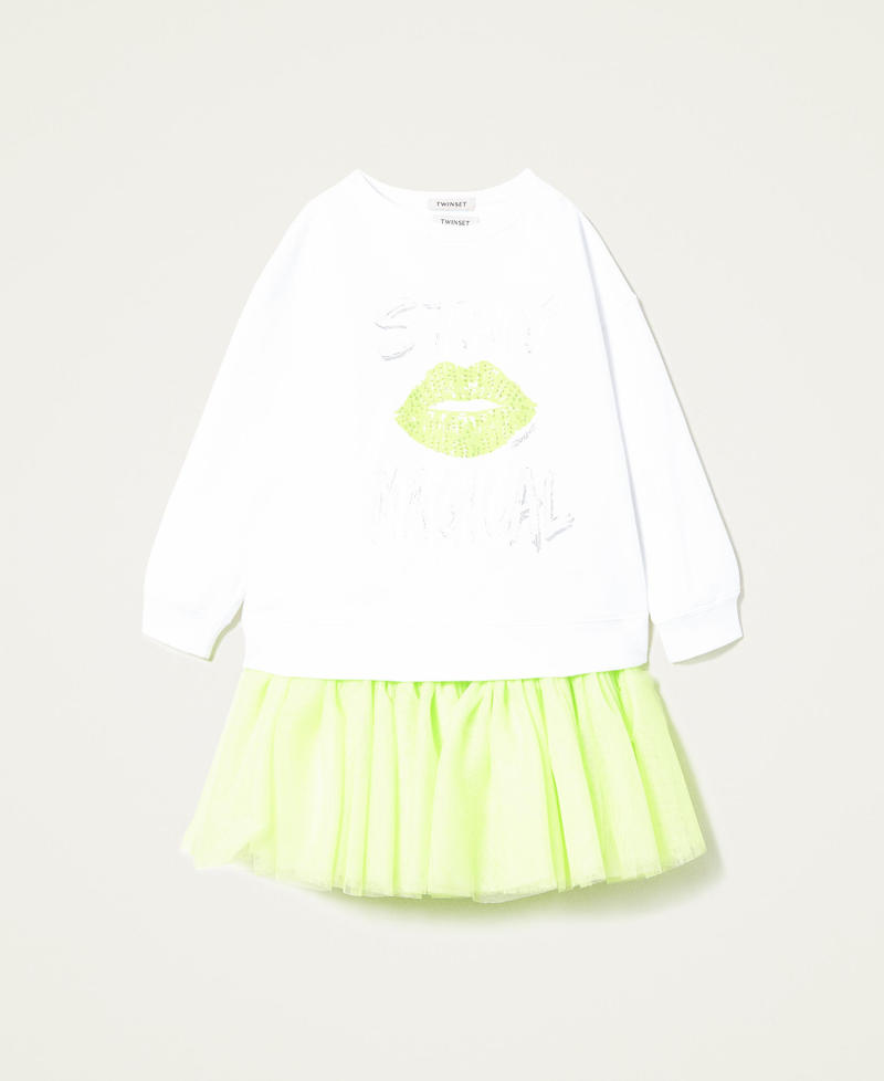 Sweatkleid mit Strass und Unterkleid mit Tüll Zweifarbig Off White / „Lemongrass“- Gelb Mädchen 221GJ2110-0S
