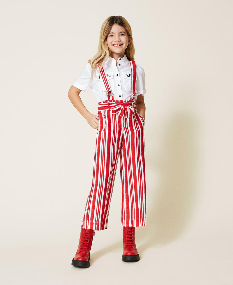 Striped cropped trousers with braces “Fire Red” Stripe Print Girl 221GJ2123-01