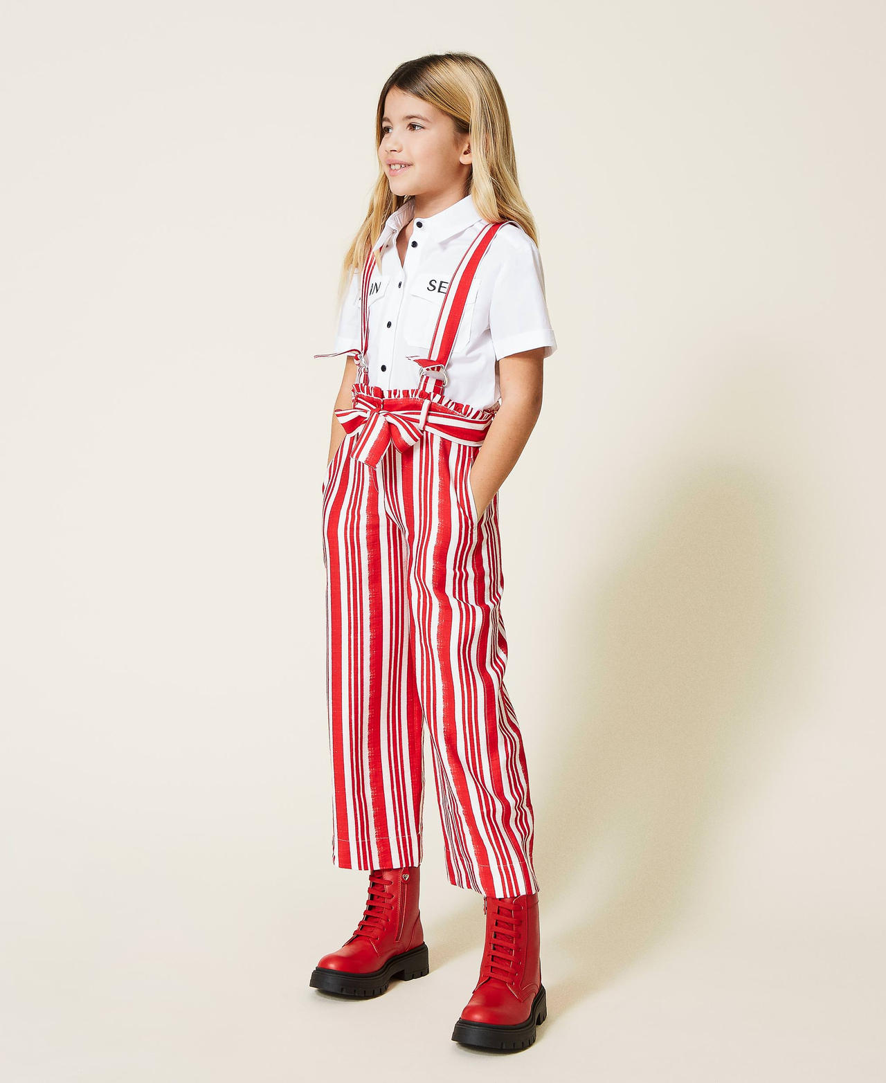 Striped cropped trousers with braces Girl Red TWINSET Milano
