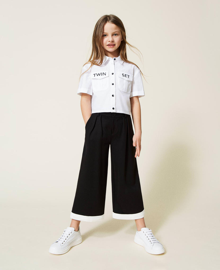 Укороченные брюки с контрастным низом Двухцветный Черный / Желтовато-белый Девочка 221GJ2232-01