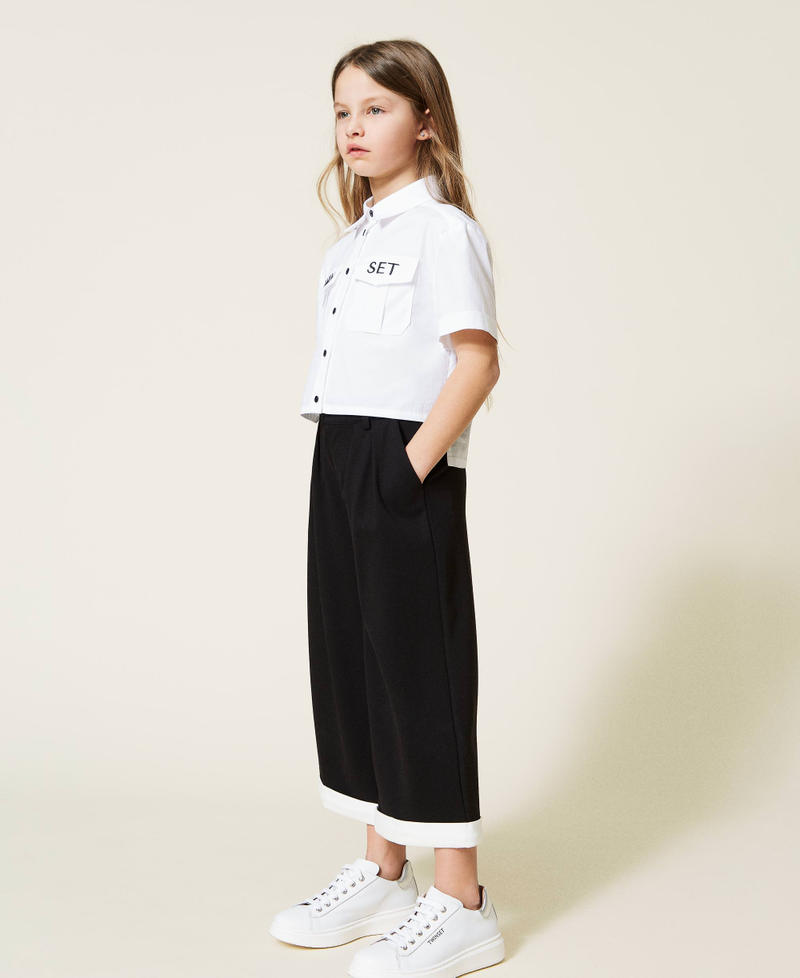 Cropped trousers with contrasting hem Bicolour Black / Off White Girl 221GJ2232-02