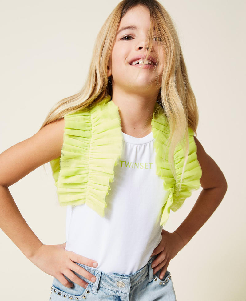 Logo top with tulle sleeves Two-tone Off White/”Lemongrass” Yellow Girl 221GJ2240-01