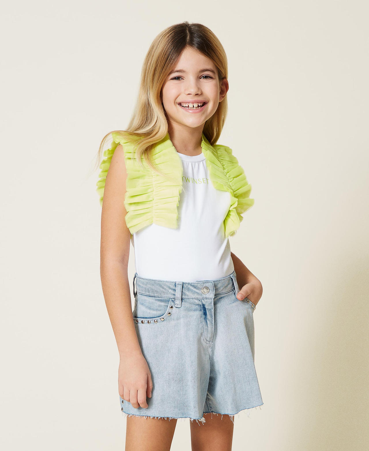 Logo top with tulle sleeves Two-tone Off White/”Lemongrass” Yellow Girl 221GJ2240-02