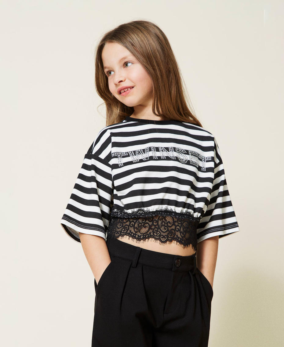 Striped t-shirt with logo and lace Off White / Black Stripe Print Girl 221GJ2244-01