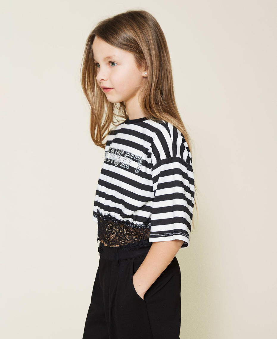 Striped t-shirt with logo and lace Off White / Black Stripe Print Girl 221GJ2244-03