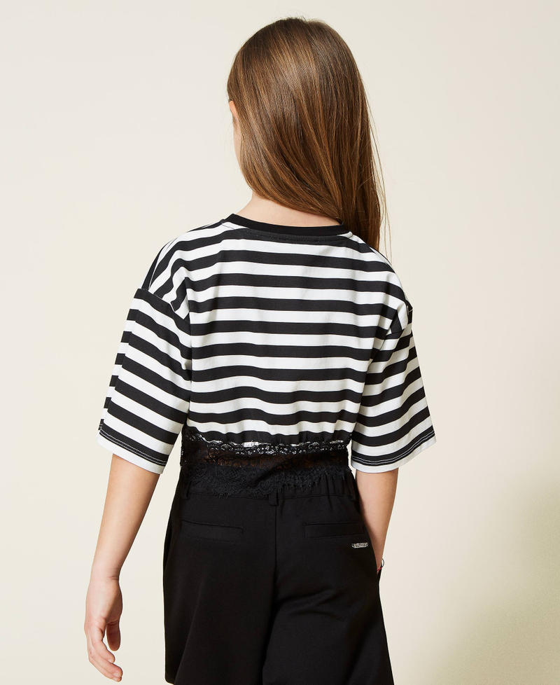 Striped t-shirt with logo and lace Off White / Black Stripe Print Girl 221GJ2244-04