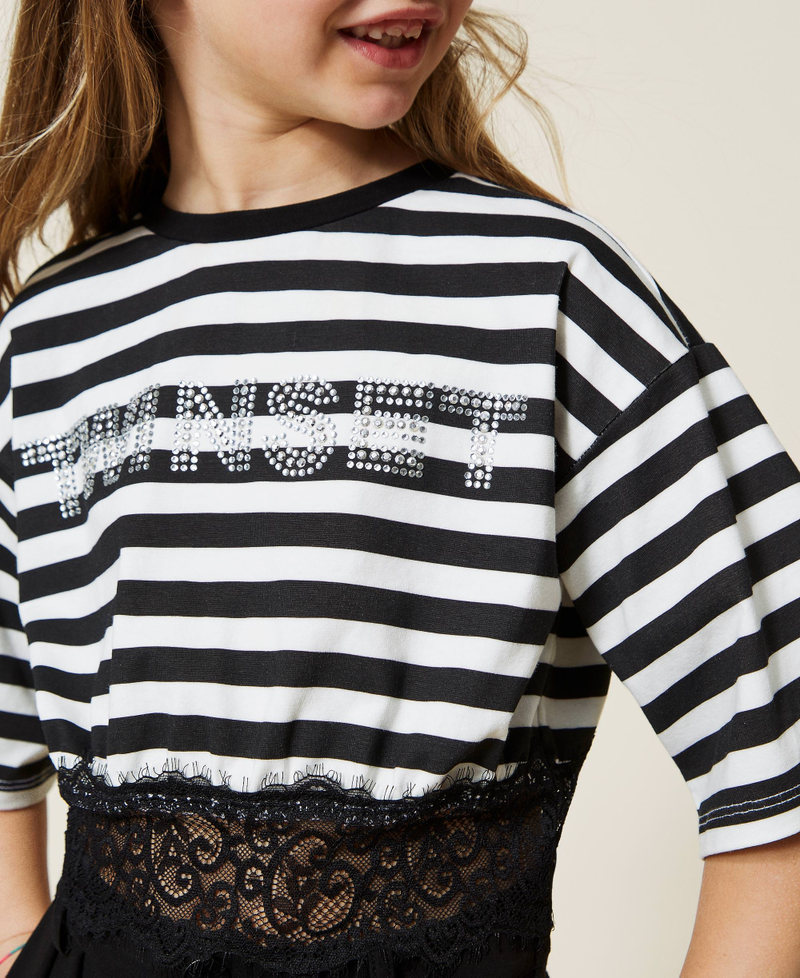 Striped t-shirt with logo and lace