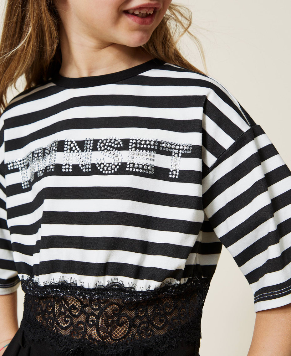 Striped t-shirt with logo and lace Off White / Black Stripe Print Girl 221GJ2244-05