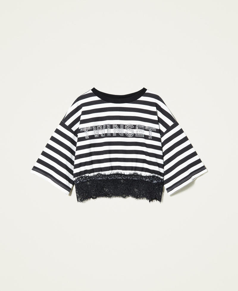 Striped t-shirt with logo and lace Off White / Black Stripe Print Girl 221GJ2244-0S