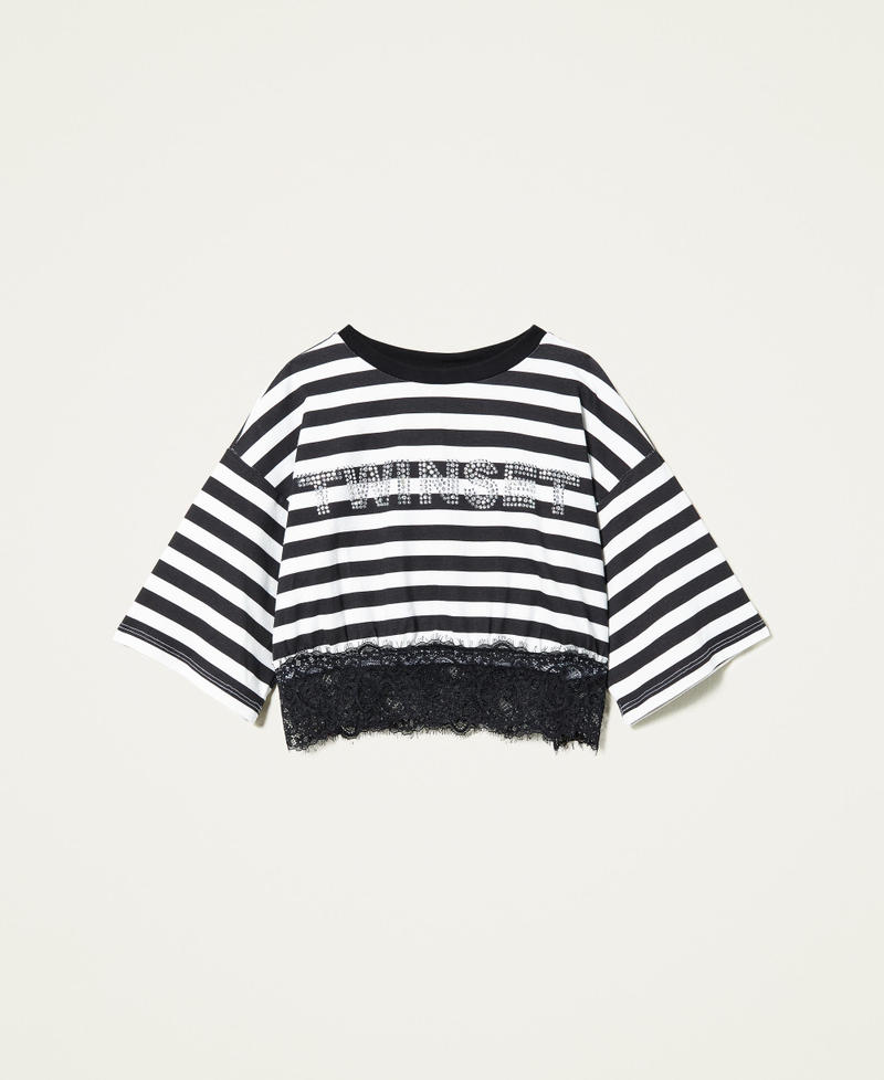Striped t-shirt with logo and lace