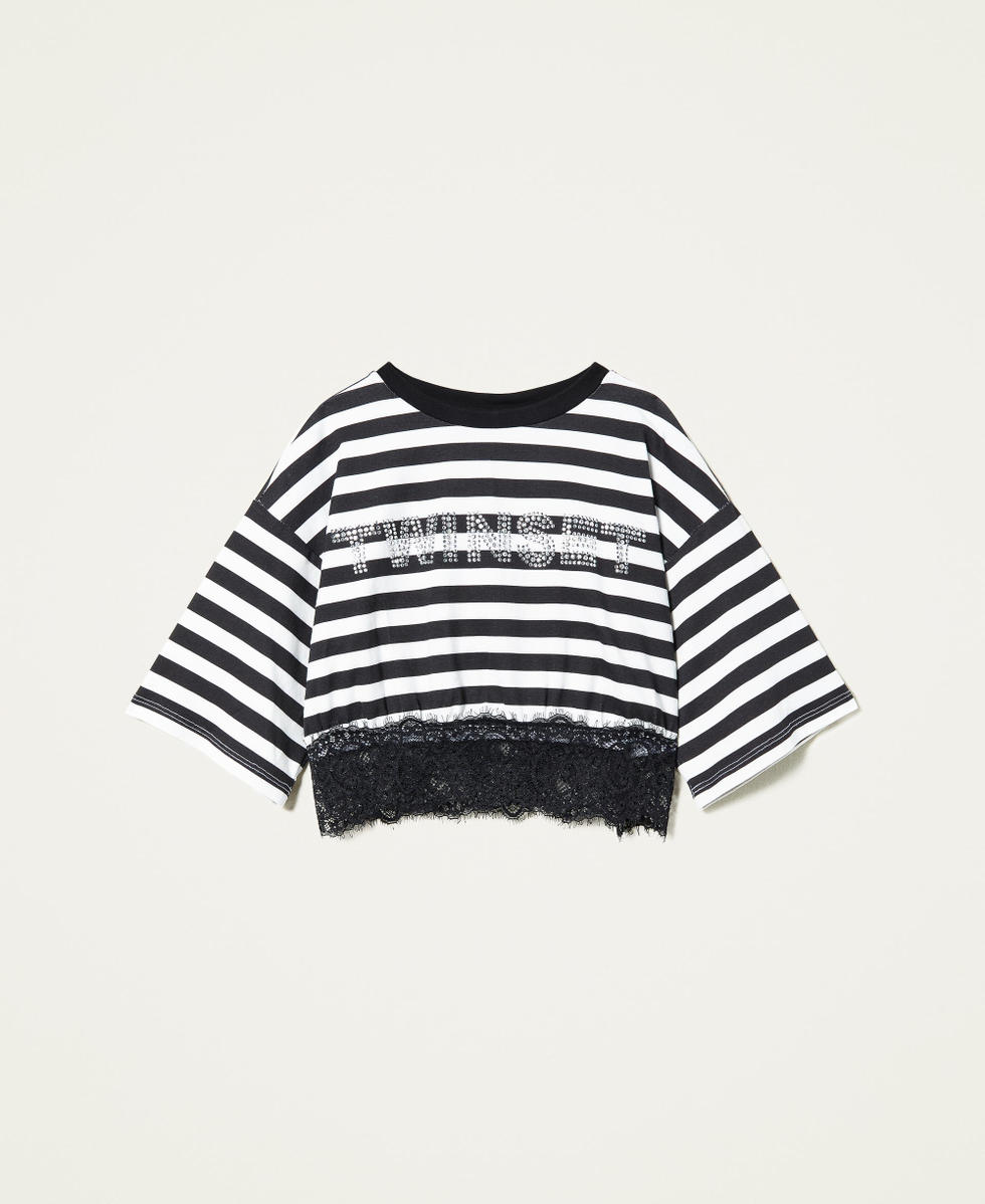 Striped t-shirt with logo and lace